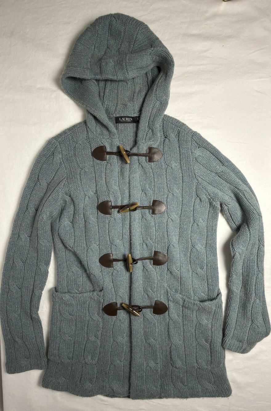 Lauren Ralph Lauren Wool Cable Knit Hooded Toggle Long Cardigan Teal S